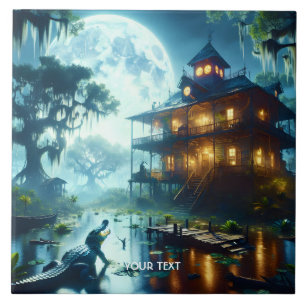 Azulejo De Cerâmica Fantasy Cute Cabin Lake Crocodile