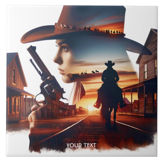 Azulejo De Cerâmica Fantasy Cute Cowboy Town (Frente)