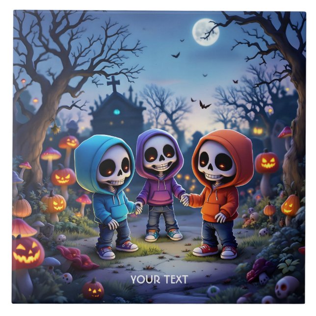 Azulejo De Cerâmica Fantasy Cute Laughing Chibi Skeletons (Frente)