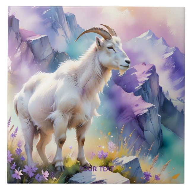 Azulejo De Cerâmica Fantasy Cute Mountain Goat Meadow (Frente)