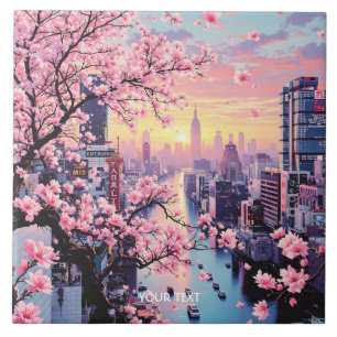 Azulejo De Cerâmica Fantasy Cute Pink Sakura Cidade