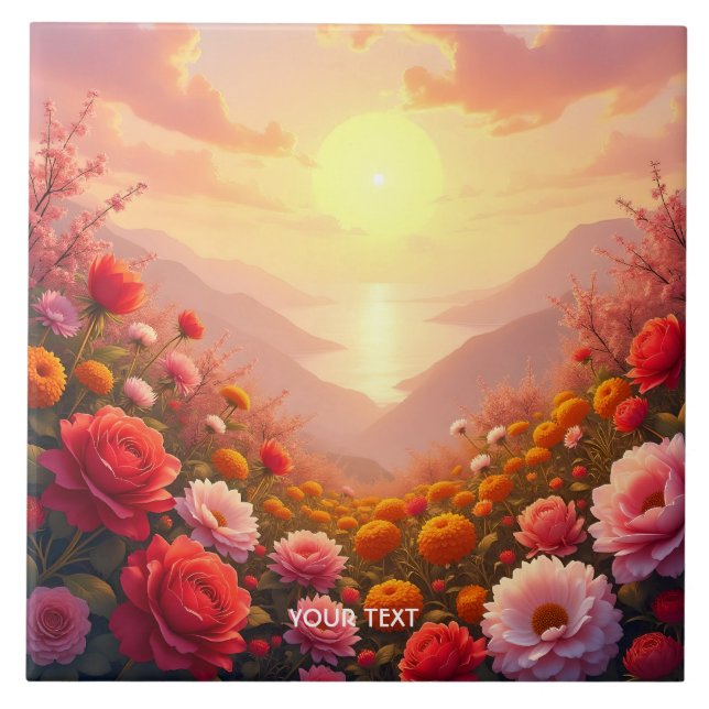 Azulejo De Cerâmica Fantasy Cute River Flowers Sunset (Frente)