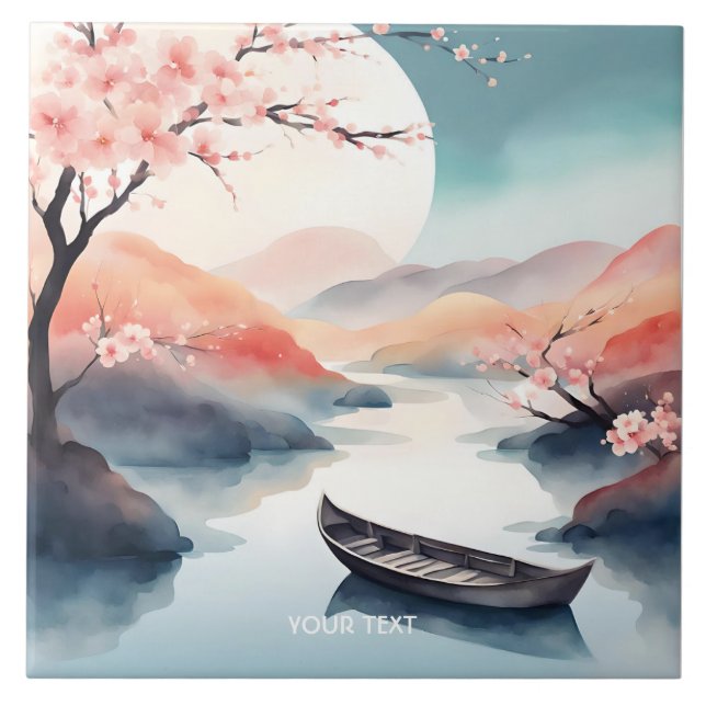 Azulejo De Cerâmica Fantasy Cute Sun Sakura Boat (Frente)