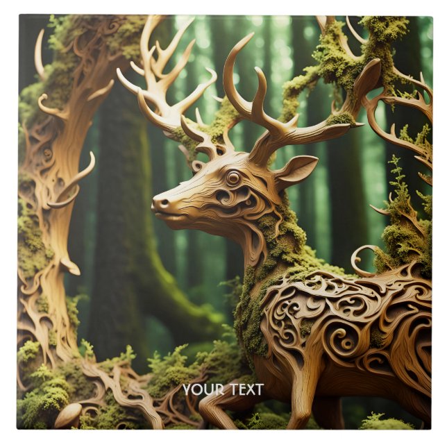 Azulejo De Cerâmica Fantasy Cute Wooden Carving Deer (Frente)