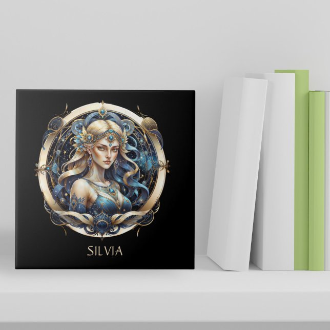 Azulejo De Cerâmica Fantasy Dourado Blue Celestial Sinal do Sol Zodiac (Criador carregado)