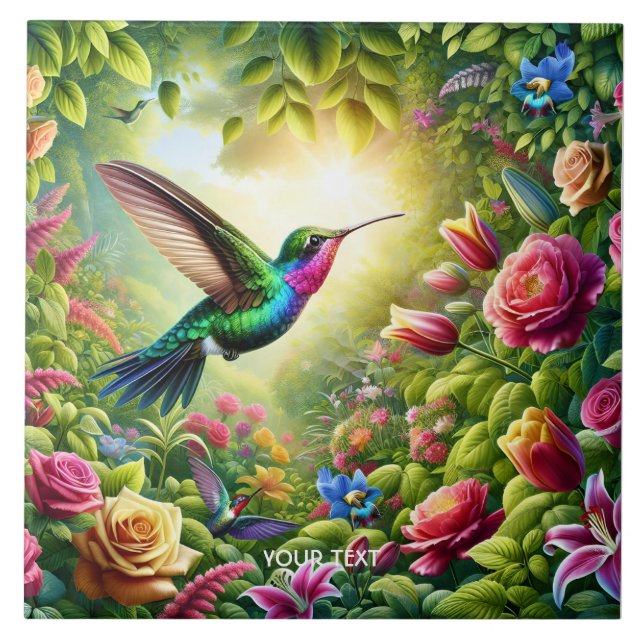 Azulejo De Cerâmica Fantasy Flowers Cute Rainbow Hummingbird (Frente)