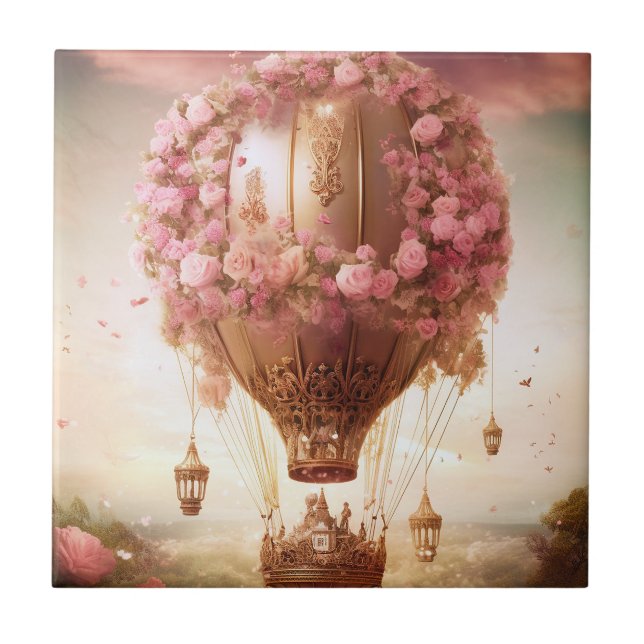 Azulejo De Cerâmica Fantasy Hot Air Balloon Rosa Dourado (Frente)