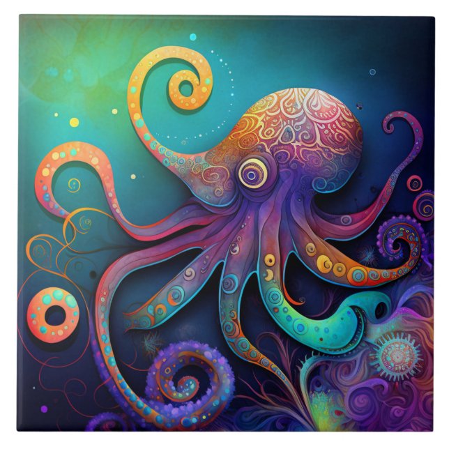 Azulejo De Cerâmica Fantasy Octopus, Watercolor (Frente)
