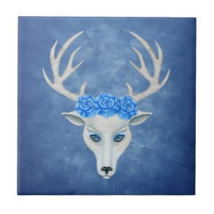 Azulejo De Cerâmica Fantasy White Head of a Deer Antlers Rosa Blue