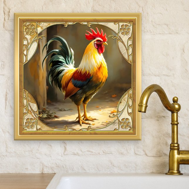 Azulejo De Cerâmica Farmhouse Rooster Gold Ceramic Tile (Tile featuring a painting of a rooster framed by a classic design in gold. Beautiful for a farmhouse)