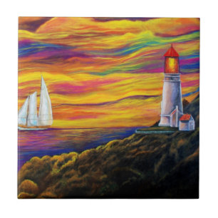 Azulejo De Cerâmica Farol ao sol com veleiro