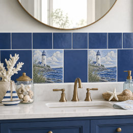 Azulejo De Cerâmica Farol Costeiro Azul Decoração Náutica