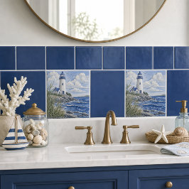Azulejo De Cerâmica Farol Costeiro Azul Decoração Náutica