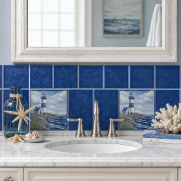 Azulejo De Cerâmica Farol Costeiro Náutico Azul e Branco
