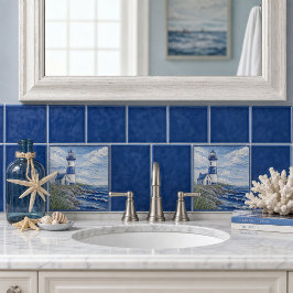 Azulejo De Cerâmica Farol Costeiro Náutico Azul e Branco