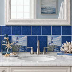 Azulejo De Cerâmica Farol Costeiro Náutico Azul e Branco