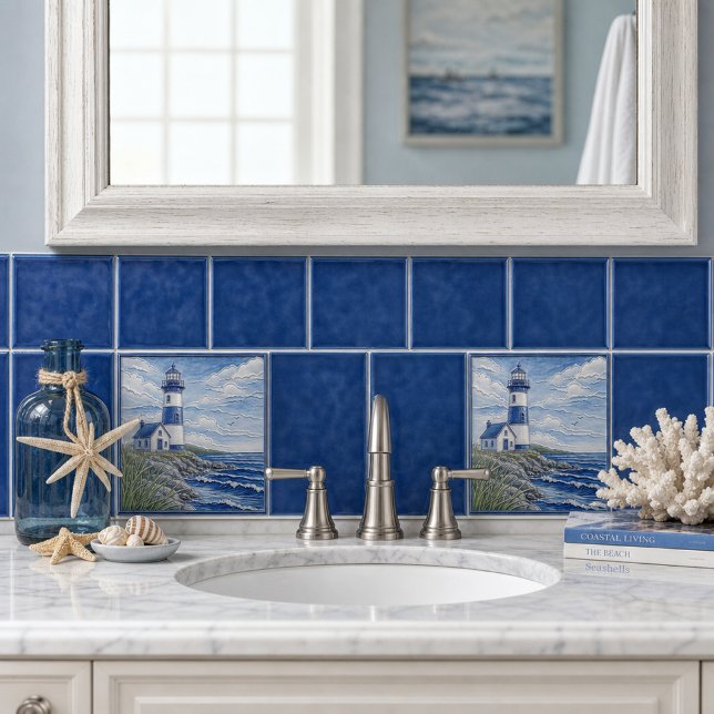 Azulejo De Cerâmica Farol Costeiro Náutico Azul e Branco  (Criador carregado)