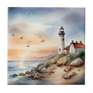 Azulejo De Cerâmica Farol de Aquarela Costeira Tranquilo