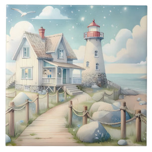 Azulejo De Cerâmica Farol de Dreamy Pastel pelo Mar Personalizável