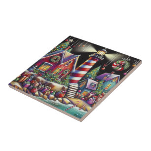 Azulejo De Cerâmica Farol de Natal Whimsical Vermelho Rosa Púrpura