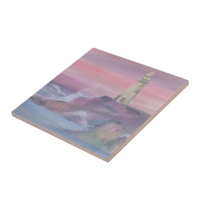 Azulejo De Cerâmica Farol de Penhasco Costeiro com Céu Rosa (Lateral)