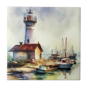 Azulejo De Cerâmica Farol e barcos Arte a Aquarela