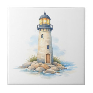 Azulejo De Cerâmica Farol em aquarela sobre as rochas