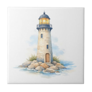 Azulejo De Cerâmica Farol em aquarela sobre as rochas