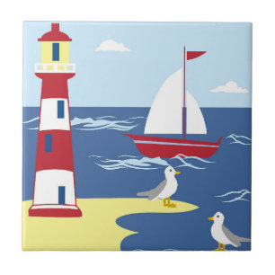Azulejo De Cerâmica Farol Fofo e Arte Náutica de Barco à Beira-Mar