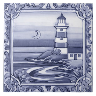 Azulejo De Cerâmica Farol junto ao mar Azul e Branco