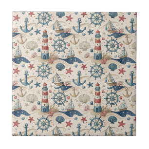 Azulejo De Cerâmica Farol, Navio e Âncora Arte Náutica Costeira do Mar