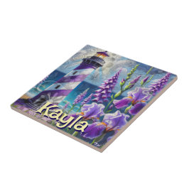 Azulejo De Cerâmica Farol Roxo com Foxglove & Iris Personalizado