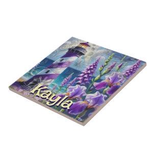 Azulejo De Cerâmica Farol Roxo com Foxglove & Iris Personalizado
