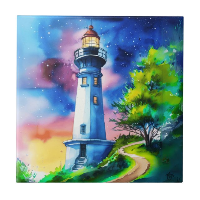 Azulejo De Cerâmica Farol sob um céu estrelado (Frente)