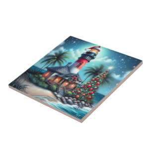 Azulejo De Cerâmica Farol Tropical de Natal Whimsical Vermelho Teal