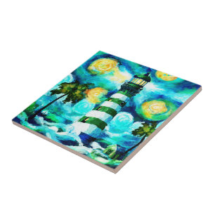 Azulejo De Cerâmica Farol Tropical & Palm Trees Impressionistas