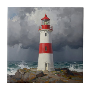 Azulejo De Cerâmica Farol Vermelho Tempestuoso Costeiro