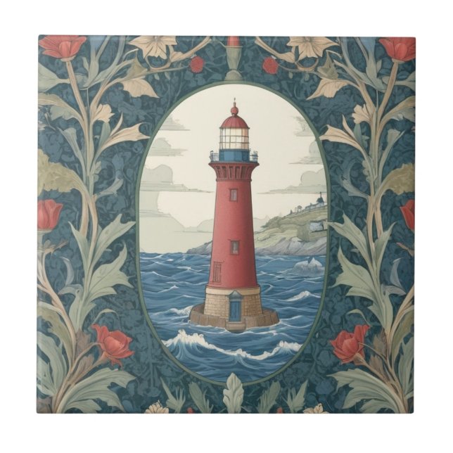 Azulejo De Cerâmica Farol William Morris estilo oceano náutico (Frente)
