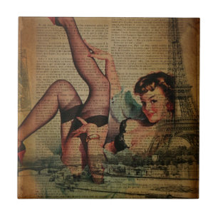 Azulejo De Cerâmica fashionista retro feminino parisiense da torre