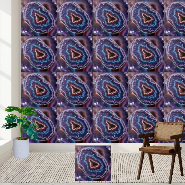 Azulejo De Cerâmica Fatia de Geodo de Ametist Branco e Azul Roxo (Vibrant Purple Blue and white Amethyst Geode Slice Ceramic Tile)