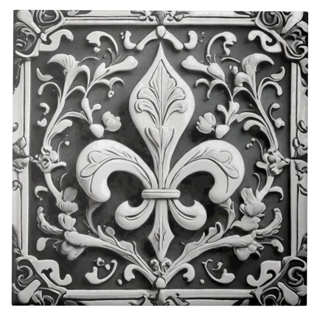 Azulejo De Cerâmica Faux Alivio Black and White Fleur de Lis (Frente)