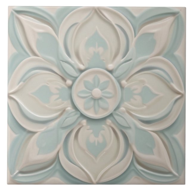 Azulejo De Cerâmica Faux Alivio Pastel Mint Blue & White Floral (Frente)