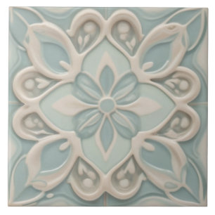 Azulejo De Cerâmica Faux Alivio Pastel Mint Blue & White Floral