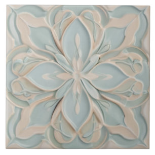 Azulejo De Cerâmica Faux Alivio Pastel Mint Blue & White Floral