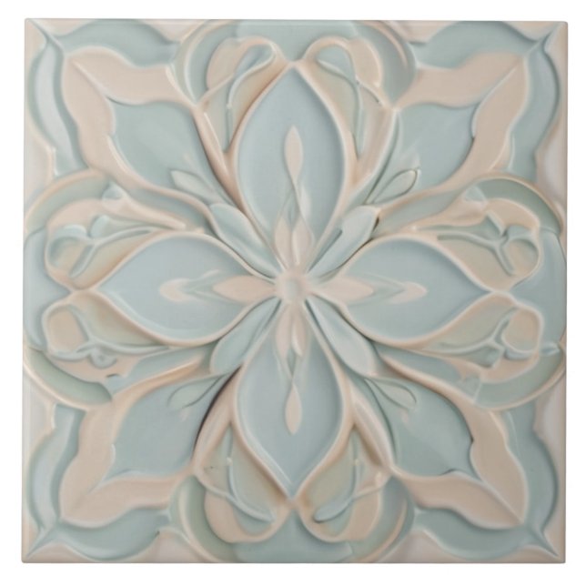 Azulejo De Cerâmica Faux Alivio Pastel Mint Blue & White Floral (Frente)