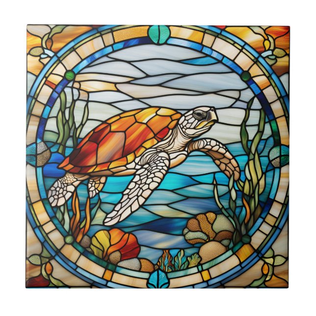 Azulejo De Cerâmica Faux StainGlass Sea Turtle (Frente)
