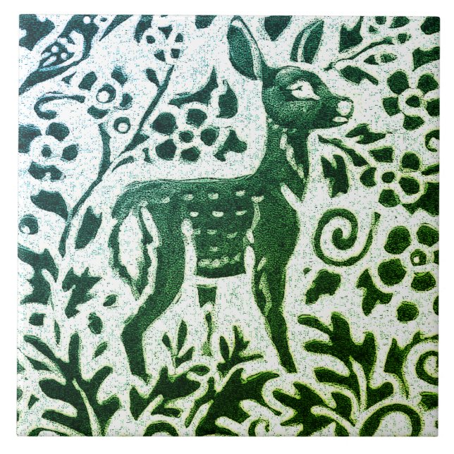 Azulejo De Cerâmica Fawn Deer Batik moderna Floresta Azul (Frente)