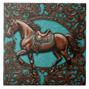 Azulejo De Cerâmica Fazenda Cowboy Ocidental Turquesa Cavalo Marrom Tu