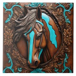 Azulejo De Cerâmica Fazenda Ranhura Ocidental Turquesa Cavalo Castanho