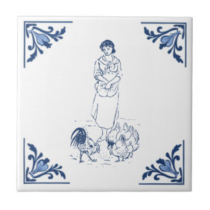 Azulejo De Cerâmica Fazenda Vintage Alimentando Galinhas Delft Azul Br